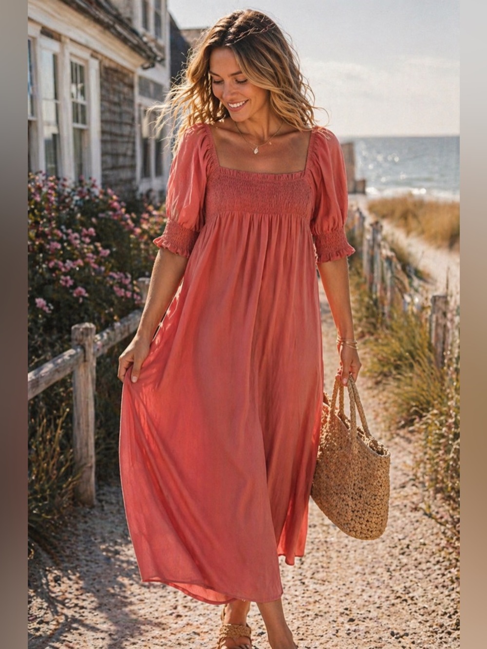 Kirundo Off Shoulder Smocked Midi Dress Coral Summer Beach Dress Size Medium